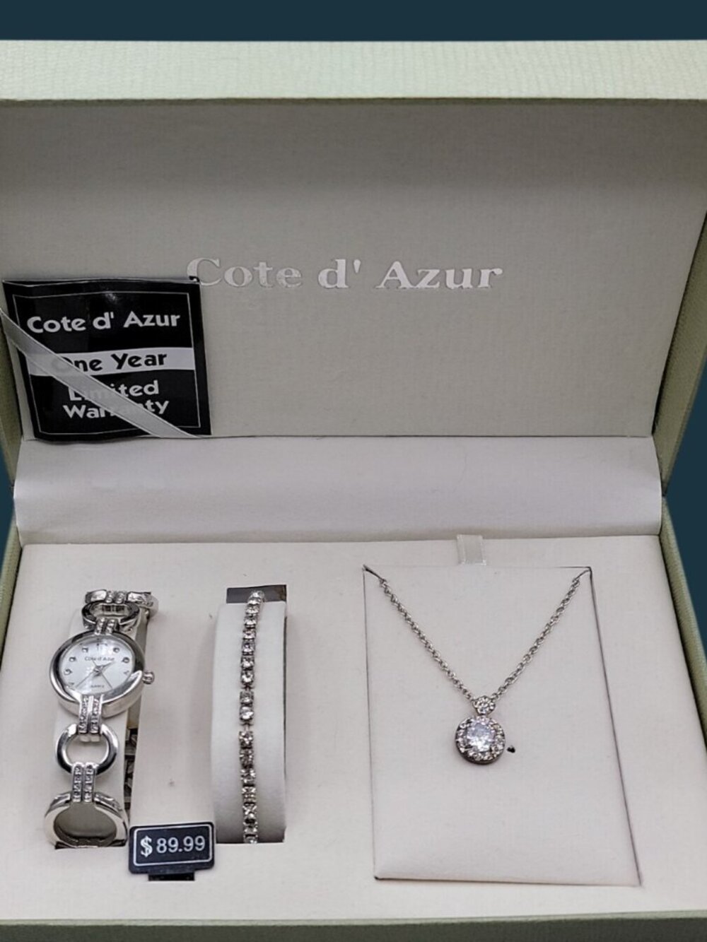 Cote d' Azur Clear Rhinestone Watch & Jewelry Set Bracelet Necklace Quartz Watch